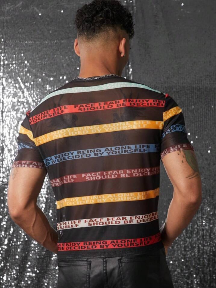 Bonga Boys Semi Sheer Sexy Round Neck Short Sleeve Mesh Fabric Digital Print Stripe T-Shirt Men